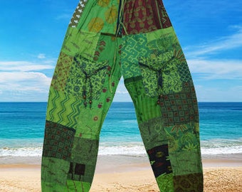Unisex Patchwork Pants with Green Patches, Hippie Cotton Trousers, Baggy Pants, Boho Pants, Yoga, Stonewashed Travel Pant S/M/L