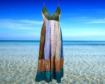 Womens Boho Summer Maxi Dress, Green Beach Maxi Dress, Ibiza Recycle Silk Handmade Dresses Fall Dresses S/M