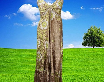 Womens Summer Maxi Dress, Halter Dresses, Beige Print Swing Strap Boho Beach Maxi Dress, Recycle Silk Handmade Dresses S/M