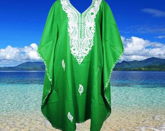 Womens Green Kaftan Midi Dresses, Flawless Loose Caftan Dresses, Floral Hand Embroidered Kaftan Dress, Travel Dresses, One size L-4XL