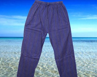 UNISEX Boho Pants Trousers, Blue Cotton Stripe Pant, Yoga Pant, handmade, Lightweight Festival Pants S/M