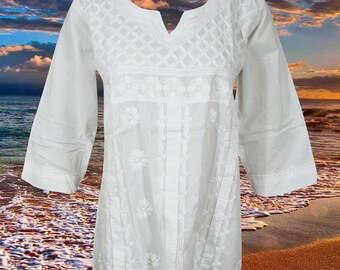 Womens Chikankari Embroidery Cotton Tunic, White Cotton Tunic, Handmade Blouse, Summer Tunic
