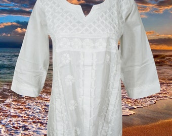 Womens Chikankari Embroidery Cotton Tunic, White Cotton Tunic, Handmade Blouse, Summer Tunic