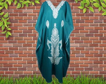 Women's Kaftan Maxi Dress, Green Beach holidays, Lounger, Cotton Embroidered Handmade Caftans, Oversize L-2XL One Size