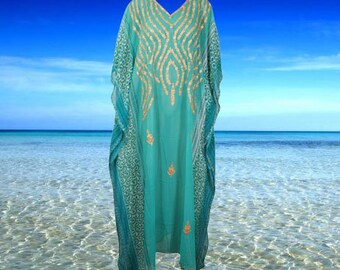 Womens Caftan Maxi Dress , Blue Lounger, Gray Embroidered Kaftan Sheer Maxi Dress, Housedress, Beach Coverup L-4X One Size