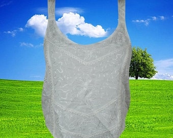 Women's Top, Strappy Tank Top, Summer White Hand Embroidered Scoop Neck Boho Tops, Beach Tops SM