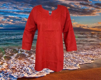 Womens Red Tunic Dress, Handmade Clothing, Long Sleeves Tunic, Boho Shirt Women, Blouse, Embroidered Top, Casual Summer Tunic  M