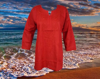 Womens Red Tunic Dress, Handmade Clothing, Long Sleeves Tunic, Boho Shirt Women, Blouse, Embroidered Top, Casual Summer Tunic  M