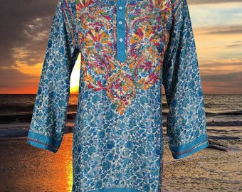 Womens Tunic Top, Handmade Blue Floral Printed Silk Tunic Dress, Hand Embroidered Tunic, Gift, Blouse Indian Kurta, Bohemian Clothing L