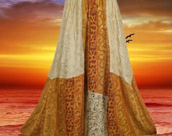 Sunset Gold Patchwork Boho Chic Long Skirt, Embroidered Maxi Skirts, Festive Handmade Flared Skirts M/L