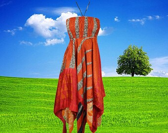 Women Sundress, Halter Dresses, Orange Handmade Boho Dress, Printed Uneven Hem Recycled Silk Sari Boho Beach Halter Dress S/M