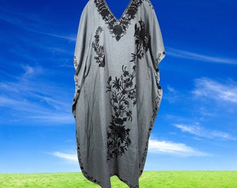 Women's Kaftan Maxi Dress, Black White Boho Fall Maxi Dress, Beach Holidays, Lounger, Cotton Hand Embroidered Lounger Caftans L-2XL One Size