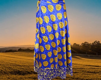 Women Blue Handmade Floral skirt, Recycled Sari Silk Ankle Length Wrap Skirt, Hippie Skirts, Summer Skirts, Gift, Wrap skirt One Size