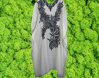 Women's Travel Caftan Maxi Dress, White Black Kaftan Dresses, Floral Embroidered Summer Sheer Cruise Boho Beach Dress ONE SIZE L/4XL