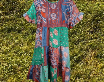 Women Beach Dress, Sundress, Sea Green-Red Floral Print Summer Short Dresses for woman - Boho Handmade Daydress, M