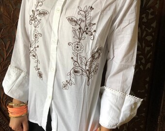 Womens 70s Retro Shirt, White Embroidered Brown Blouse Casual Handmade Bohemian Summer Cotton Tops M