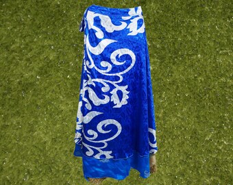 Womens Wrap Skirt, Blue Floral Beach Cover Up, Boho Two Layer Silk Sari, Magic Wrap Around Skirts One size