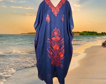 Womens Kaftan MAXI Dress, Cruise Maxi Dresses, Blue Hand Embroidered Dress, Boho Maxi Dress, Hippie Dress, Beach Holidays Fashion L-2XL