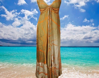 Womens Strap Boho Beach Maxi Dress, Summer Maxi Dress, Halter Dresses, Beige Printed Swing Recycle Silk Handmade Dresses S/M
