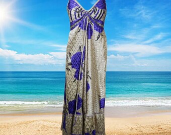 Womens Strap Boho Beach Maxi Dress, Summer Maxi Dress, Halter Dresses, Blue White Printed Swing Recycle Silk Handmade Dresses S/M