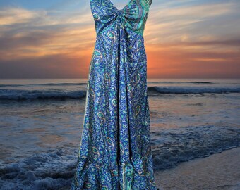Womens Summer Maxi Dress, Halter Dresses, Paisley Blue Print Swing Strap Boho Beach Maxi Dress, Recycle Silk Handmade Dresses S/M