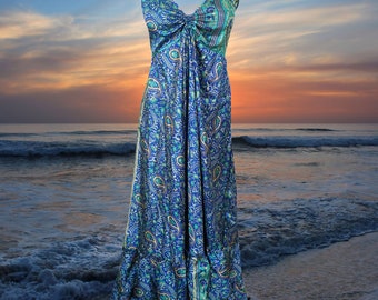 Womens Summer Maxi Dress, Halter Dresses, Paisley Blue Print Swing Strap Boho Beach Maxi Dress, Recycle Silk Handmade Dresses S/M