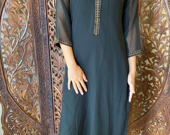 Womens Long Tunic Dress, Georgette Bohemian Tunic, Handmade Gift, Black Gold Summer Beach Boho Dresses S