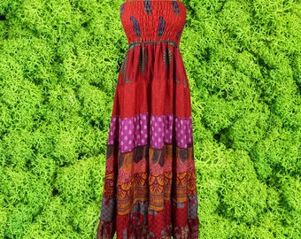 Bohemian Maxi Dress, Bohemian Fashion, Spaghetti Strap Red Printed Handmade Dress, Empire Waist Beach Style Sundress S/M