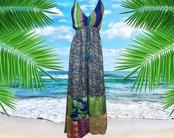 Womens Swing Maxi Dress, Silk Maxi Dresses, Blue Poppy Fields Flared Swing Maxi, Boho Beach IBIZA Strapdress, Fall Maxi Dresses S/M