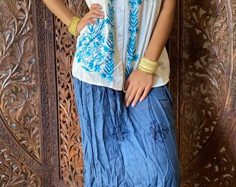 Women's Maxi Blue Skirt, Embroidered Summer Beach fashion, White Summer Chic Tunic Top, 2p SM