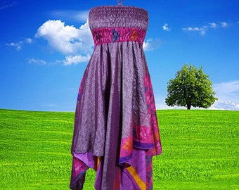 Womens Boho Sundress, Halter Skirt Dresses, Purple Summer Dress, Printed Handkerchief Hem Upcycled Silk Beach Dress S/M