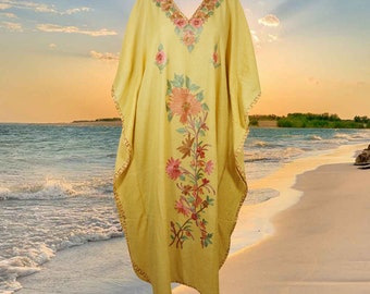 Women's Kaftan Maxi Dress, Yellow Beach Holidays Caftan, Lounger, Cotton Embroidered Summer Caftans, Handmade Gift One size L-2XL One Size