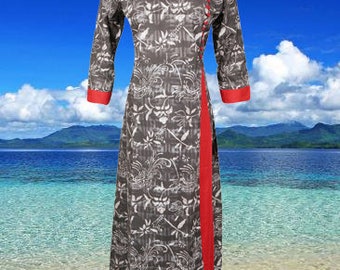 Women's Printed Long Tunic Maxidress, Indi Boho Maxidress, Gray Red Handmade Bohemian Maxi Summer