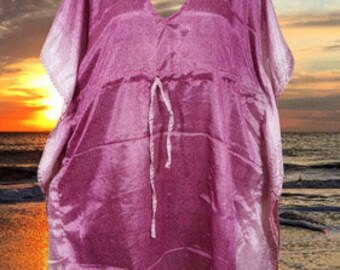 Womens Short Kaftan Dress, Purple Printed Kimono Sleeves Beach Cover Up, Summer Loose Evening Dresses, Vacation Kaftan Dress M-XL