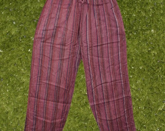 Boho Chic Cotton Pants, Purple Stripe Stonewashed Unisex Yoga Pant Elastic Waist Comfy Pants With Pockets S/M