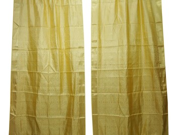 Sari Drape Panel, 2 Indian Window Treatment Curtain, Yellow Golden Brocade Border, Rod Pocket Handmade Curtains, Home Decor 96 inch