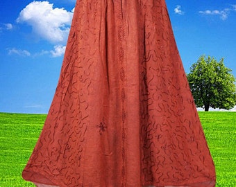 Old Copper Midi Western Skirt, Embroidered long Skirts Ren Faire Maxi Skirts , Elastic Waist Skirt, Ren Faire Clothing S/M/L