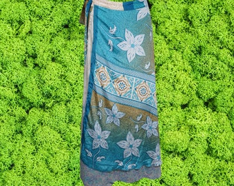 Upcycled Sari Wrap Skirt, Blue Floral Printed Indian silk sari magic wrap skirts , reversible two layer wrap skirts, valentine gift One size