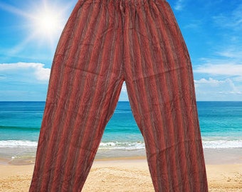 Striped Boho Hippie Trousers, Handmade Unisex Pants, REd Striped Trousers with Pockets, Loose Fit Pant, Pants With Pockets S/M