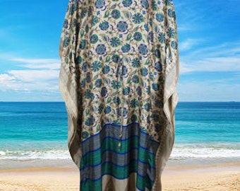 Women Boho Beach Kaftan, Blue, Beige, Caftan, Floral Silk Kaftan, housedress, Beach Coverup, Summer Caftan, Resort, Cruise Caftan L-2X