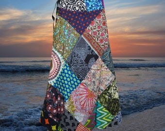 Womens Cotton Wrap Skirt, Floral Print Patchwork Blue Black Skirt, Travel Short Skirt, Summer Gypsy skirts, Vintage Style Skirt One size