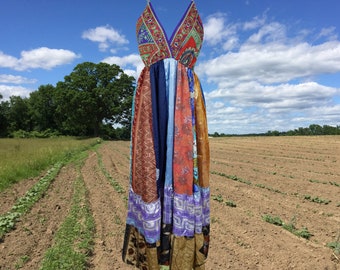 Womens Blue Euphoria Recycled Silk Maxi Dress, Deep V Maxidresses, Fall Maxi Dress, Boho Hippy Beach Dresses S/M