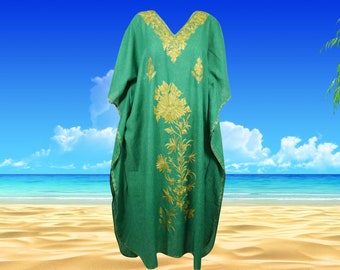 Green Embroidered Caftan Dress, Cotton caftan, Travel Kaftan Dresses, Beach Maxi dress, Caftans for women One Size L-2X
