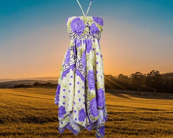 Women's Hankerchief Skirt Dress, Flowy Boho Dresses, Purple Floral Uneven Hemline, Upcycled Silk Strapless DayDress S/M