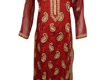 Sexy Red Beautiful Full Floral Embroidered Long Sleeves Sheer Bohemian Fashion Cover Up Ethnic Indian Kurtis Dress M