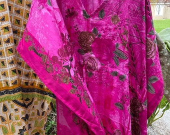 2pc Womens Kaftan Maxi Dress, Recycle Sari Fall Fashion Printed Kaftan, Summer Bohemian Lounger Caftan Dresses, One Size L-2X
