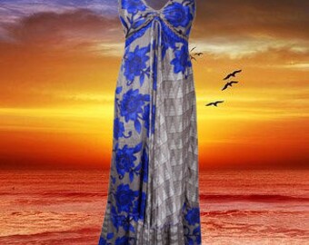 Womens Maxi Dress, Recycle Sari Handmade Dresses, Summer Halter Dresses, Blue White Strap Dress, Summer Swing Boho Beach Maxi Dress, S/M