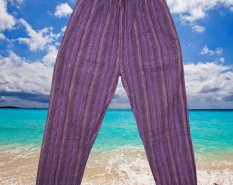 Striped Boho Hippie Trousers, Unisex Pants, Purple Striped Trousers with Pockets, Loose Fit Pant, Pants With Pockets S/M