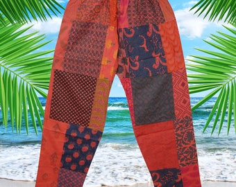 Boho Hippie Pants, Summer Cotton Red Pants, Floral Pants, Handmade Soft Patchwork Trousers, Pajama Pants S/M/L