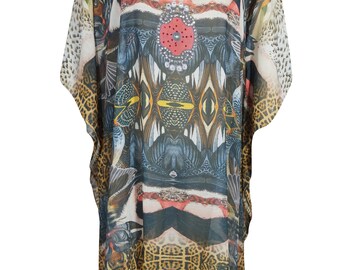 Womens Kaftan, Tunic Dress, Gray Printed Kaftan, Georgette Boho Beach Cover Up Caftan, L-4XL One size